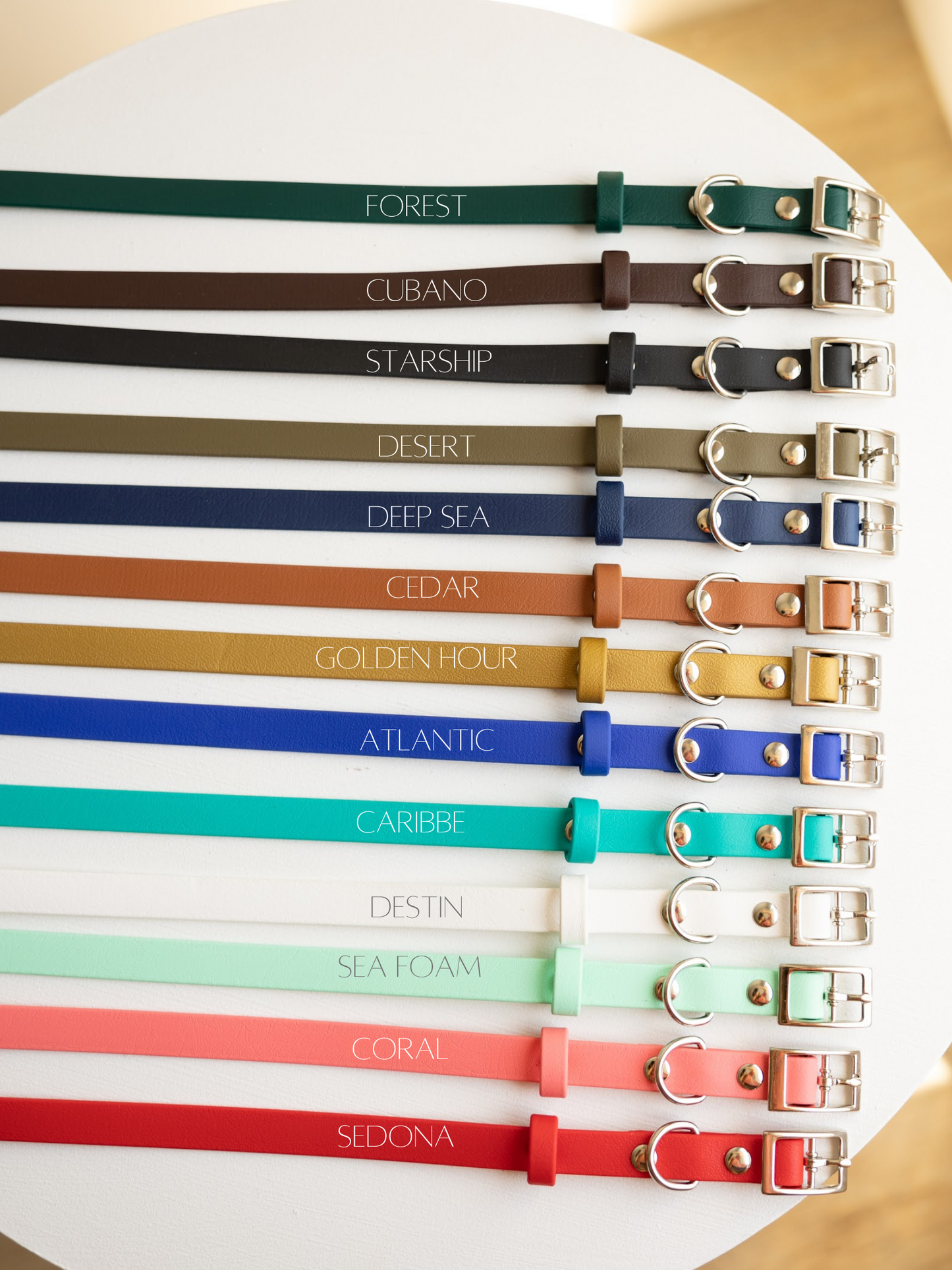 5/8" biothane collars for small to medium dogs water proof stain resistant washable strong durable 100% biothane collars made in Canada handmade in Saskatchewancolor chart of biothane dog collar colors nickel buckles 
