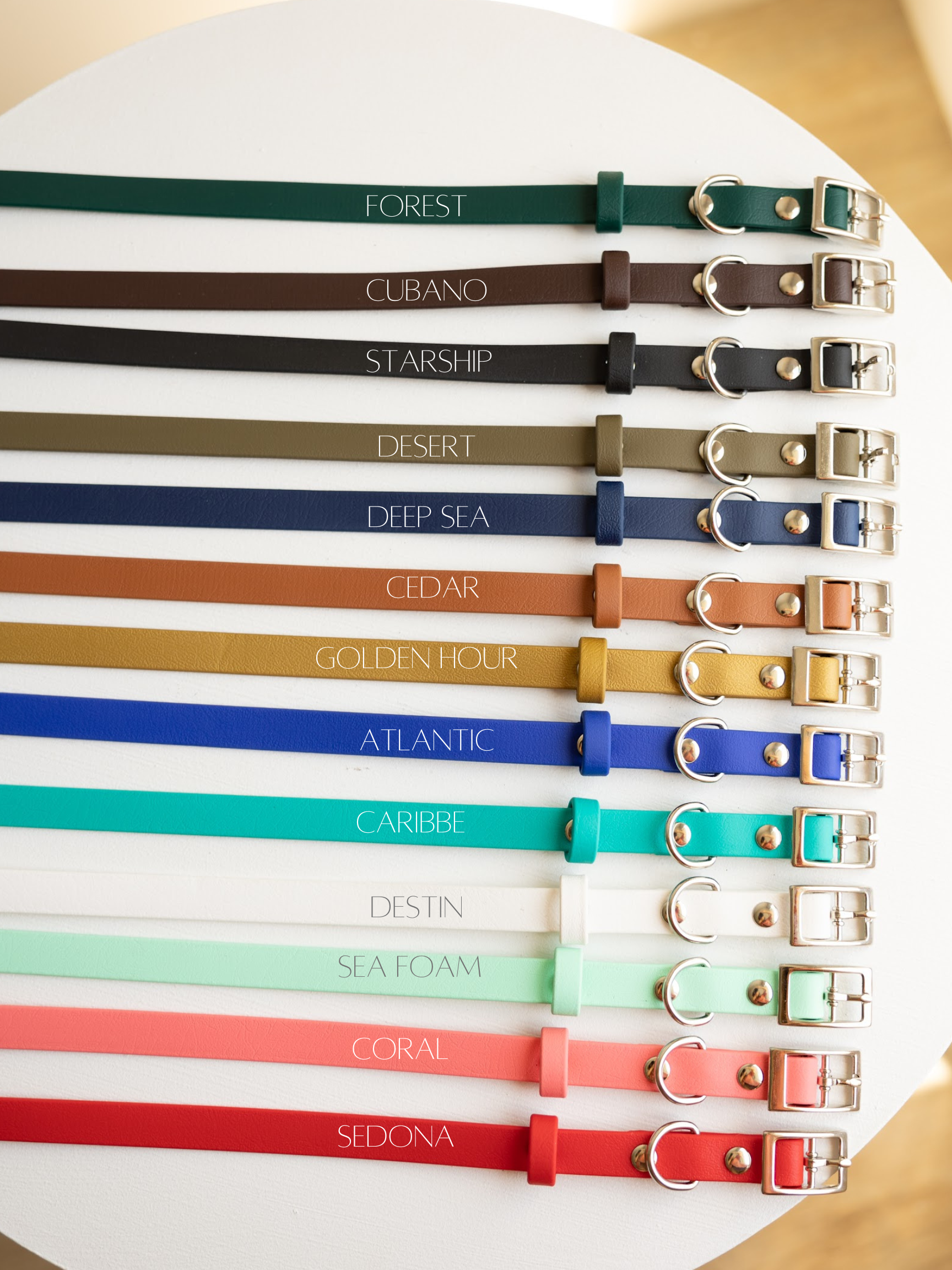 5/8" biothane collars for small to medium dogs water proof stain resistant washable strong durable 100% biothane collars made in Canada handmade in Saskatchewancolor chart of biothane dog collar colors nickel buckles 